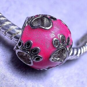 Pink Paw Print Charm Bead Silver Tone fits Pandora